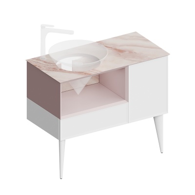 Тумба Cono/Коно подвесная с открытой полкой и ящиками 97, белая матовая-мальва