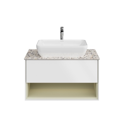 Тумба PLAZA Modern подвесная 80, push, 1 ящик, подсветка, белая матовая+шалфей